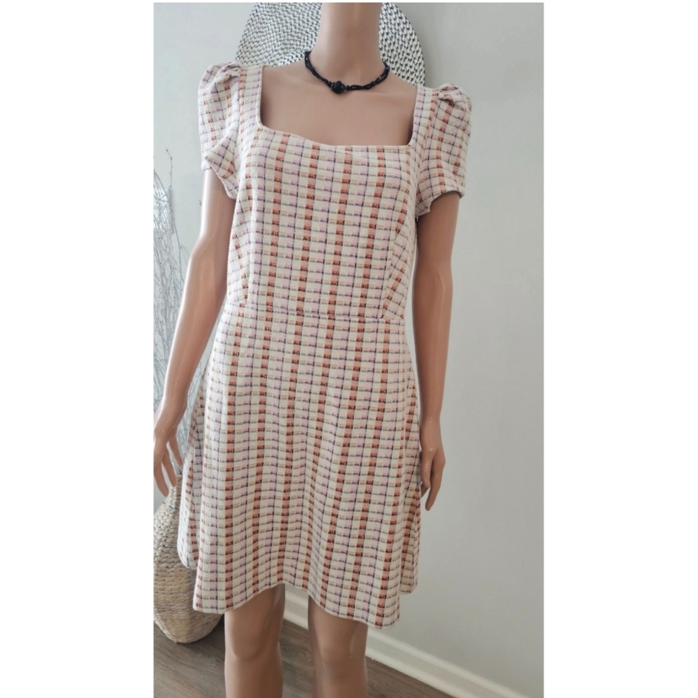 Ann Taylor Madras Beige Plaid Puff Sleeve Flare Dress - Picture 2 of 7